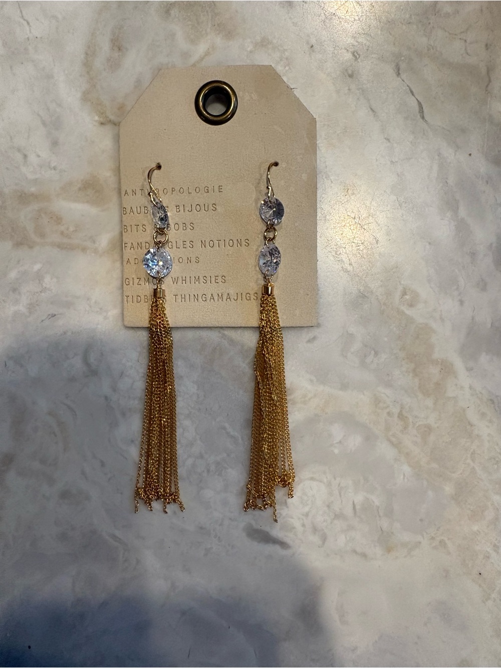 Anthropologie Gold Chain Tassel Earrings with Clear Crystals